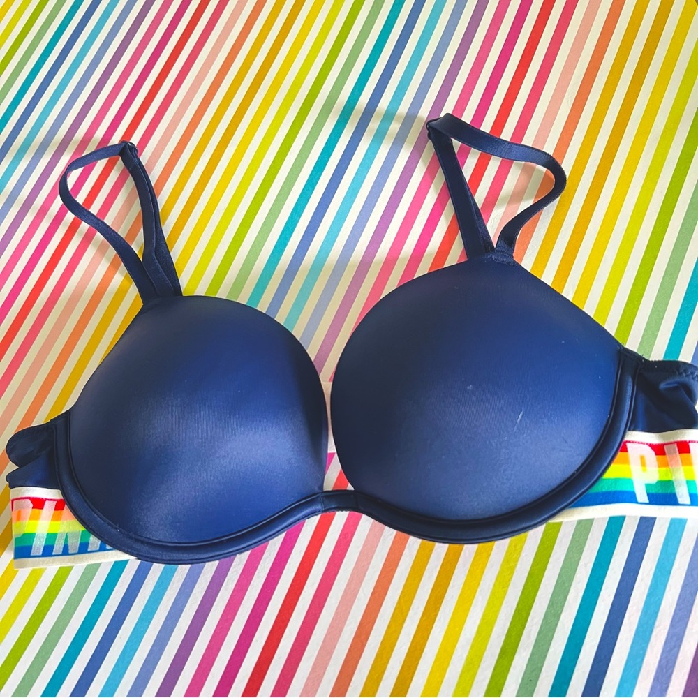 PINK Wear everywhere super push up bra- navy rainbow 34b